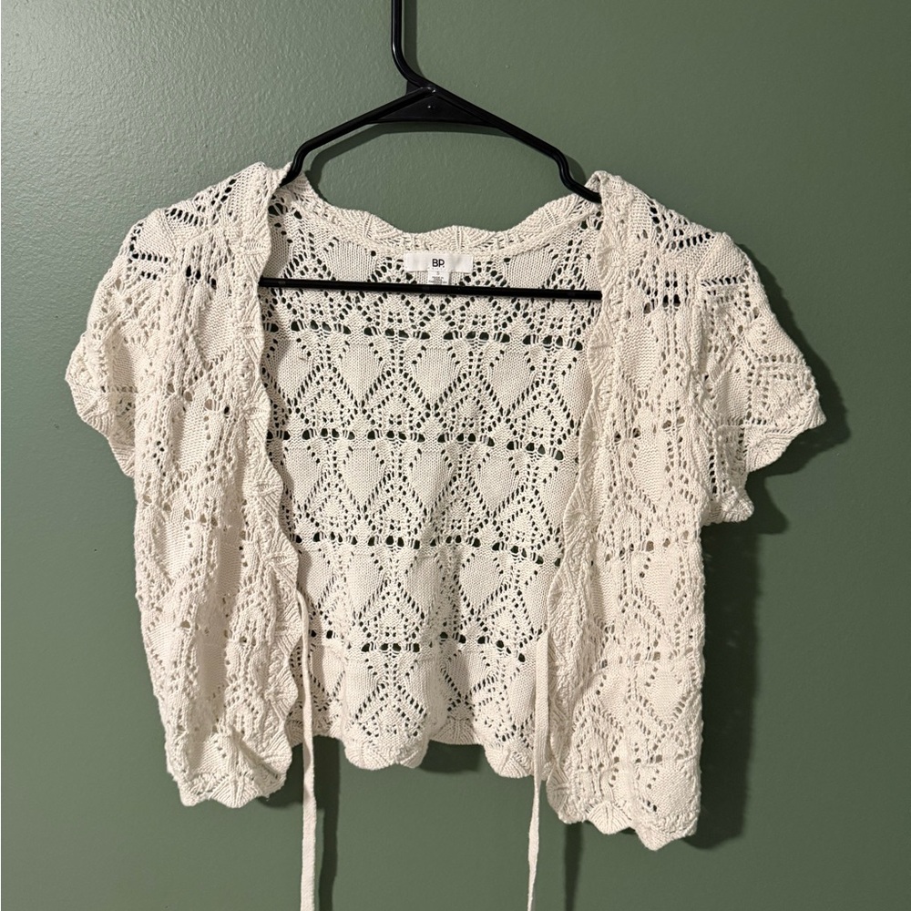 BP cream crochet open front cropped short sleeve cardigan